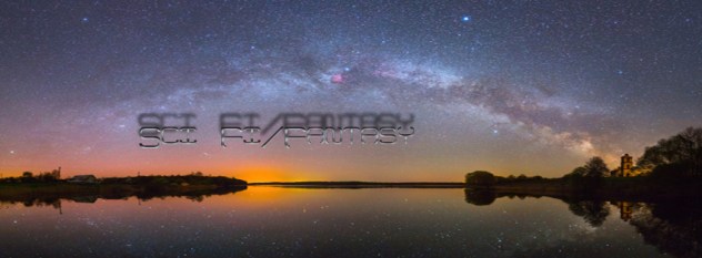 Bright Milky Way over the lake at night (panoramic photo)